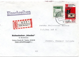 74914 - Berlin - 1977 - 50Pfg Funkausstellung MiF A Unterfrank R-Bf STUTTGART -> Jersey (Grossbritannien) - Cartas & Documentos