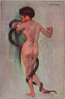 PC ARTIST SIGNED, MEUNIER, FEMME ET LE SERPENT, RISQUE, Vintage Postcard(b51722) - Meunier, S.