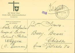 CP Agli Internati Italiani Schweiz Kathol Jungmannschaftsverband Lucerna Cachet Camp Militaire Internement Wiggen Suisse - Postmarks