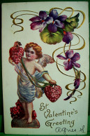 Cpa Gaufrée SAINT VALENTIN ADORABLE ANGELOT , PETIT ANGE , COEURS , VIOLETTES, CUPID & FLOWERS Embossed ST VALENTINE'S - Dia De Los Amorados