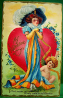 Cpa  Gaufrée AMOUR SAINT VALENTIN . CUPIDON BELLE DAME AU CHAPEAU COEUR . 1911 . MY VALENTINE . CUPID OLD PC Embossed - Valentijnsdag