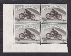 1953 San Marino Saint Marin SPORT I°, 5 Lire In Quartina MNH**, Gomma Bicolore, Two-tone Gum Block 4 - Neufs