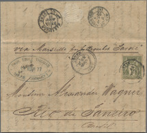 France: 1877, Sage 1 Fr. Olive, Two Lettersheets To Same Address In Rio De Janei - Covers & Documents