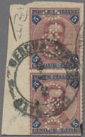 Italy: 1891, Umberto I., 5 Lire Blau / Rosa, Senkrechtes Paar Mit Firmenlochung - Sonstige & Ohne Zuordnung