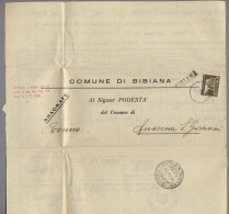 Italy - Post Marks: 1939, Behördenpost Von Bibiana Nach Luserna San Giovanni (Tu - Marcophilie