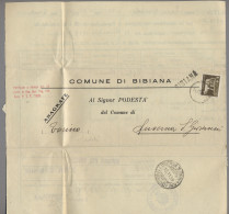 Italy - Post Marks: 1939, Behördenpost Von Bibiana Nach Luserna San Giovanni (Tu - Marcophilia