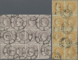 Spain: 1860, Isabella, Two Used Multiples: 4cs. Orange Vertical Block Of Eight, - Used Stamps