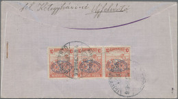 Hungary: 1919, Harvester/Magyar Posta 10f. Rose, Horizontal Strip Of Three On Re - Debreczen
