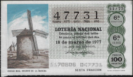 Espagne 1977. Loterie Nationale, Moulin De Ciudad Real, Molinos De La Mancha - Moulins