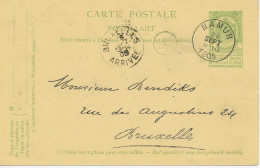 BELGIEN 1905 Wappen 5C Postkarte Mit K1 "NAMUR" Kab.-GA M. Ank.-Stpl. "BRUXELLES / ARRIVEE", ABART: Druckausfall Zwische - Zonder Classificatie