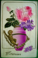 Cpa Gaufrée ANGE CUPIDON Doré Décorant Vase De FLEURS ROSES ET VIOLETTES  , 1911 Golden CUPID . FLOWERS Embossed OLD PC - Dia De Los Amorados