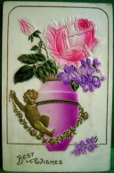 Cpa Gaufrée ANGE CUPIDON Doré Décorant Vase De FLEURS ROSES ET VIOLETTES  , 1911 Golden CUPID . FLOWERS Embossed OLD PC - Valentijnsdag