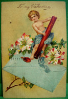 Cpa Gaufrée  ST VALENTIN ANGE  CACHET ENVELOPPE BATON CIRE , 1909 , CHERUB .  SEAL . TO MY VALENTINE  EMBOSSED OLD PC - Valentijnsdag