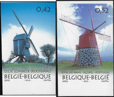 Belgique 2002 Y&T 3085 Et 3086. Non Dentelés. Émission Commune Avec Le Portugal. Moulins - Windmills