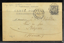 1E71 - ENTIER SAGE SUR CP OBLITEREE CONVOYEUR DE ROANNE A MONTCHANIN DU 01/02/1898 - Overprinted Covers (before 1995)