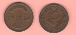 Germania 2 Rentenpfennig 1924 D Mint Germany Allemagne Weimar Republic Bronze Coin - 2 Rentenpfennig & 2 Reichspfennig