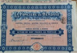 Action 100 Francs - La Foncière De Hendaye Et Du Sud Ouest - D - F