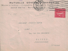 SEMEUSE - ROULETTE - N°199f  TYPE III - SUR LETTRE DU MANS LE 23-2-1927 POUR BAYEUX - CALVADOS. - Roulettes