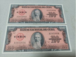 Pareja Correlativa De Cuba De 100 Pesos, Año 1959, Serie AA, AUNC - Kuba