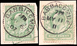 GB - Misspelt CDS "BABBICOMBE" (1907) & Corrected CDS "BABBACOMBE" (1911) On 2xSG217/8 1/2d Yellow-green (DEVON) - Usados