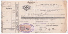 AGENCE MONT DE MARSAN - ASSURANCE COMPAGNIE DU SOLEIL - 1930 - TIMBRE FISCAL 50 C BISTRE CLAIR - PUB AU DOS - Banque & Assurance