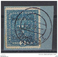 OCC. AUSTRIACA:  1918  SOPRASTAMPATO  -  2 K. AZZURRO  SU  FRAMMENTO  -  SASS. 16 - Occupazione Austriaca