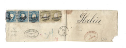 PORTUGAL 1876 - 120R STRIP OF 3 + 2 SINGLES 20 REIS MADEIRA OVPT ON REGISTERED COVER FUNCHAL TO ITALY - SIGNED DIENA - Brieven En Documenten