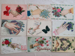 Lot De Cartes 9 Cartes Souvenir Theme Main  Et Fleur , Toutes écrites Même Correspondance - Colecciones Y Lotes