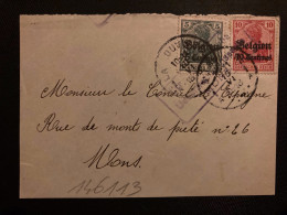 DEVANT TP GERMANIA 10 Surch. Belgien 10 Centimes + 5 Surch. Belgien 5 Centimes OBL.10 VI 1916 LA LOUVIERE + Cachet MONS - OC38/54 Belgian Occupation In Germany