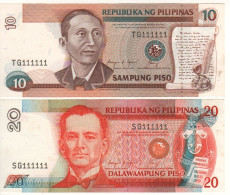 PHILIPPINES Unique "Matching Set Serial Nr. 111111"  10 & 20 Piso P169c-P170c    UNC - Philippines