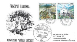 40 Ième Anniversaire De La Paroisse Des Escaldes, Lettre, Timbres à Date Andorre Poste Francaise Et Andorre Correos Esp. - Lettres & Documents