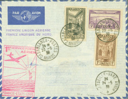 1ère Liaison Aérienne France Amérique Du Nord / 1er Service Postal Aérien France Etats Unis CAD Casablanca 23 5 39 Maroc - Aéreo