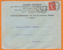 Semeuse Perforée 10c Rouge S.G. Sur Lettre + Courrier   De La Société Générale  De Paris Le 5 Mars 1909 Pour CEILHES - Lettres & Documents