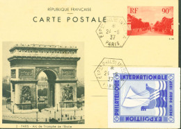 Entier Vue De Paris Arc De Triomphe De L'étoile Vignette Exposition Philatélique Internationale PEXIP Paris 1937 Nef - Cartes Postales Types Et TSC (avant 1995)