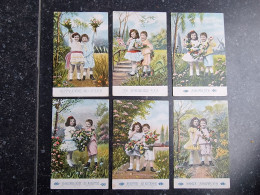 SERIE 6 CP FANTAISIE (V1917) JEUNES ENFANTS - FLEURS - CAMPAGNE - MOULIN (5 Vues) Circulée En 1908 - Colecciones Y Lotes