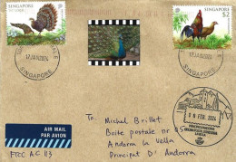 2024 Coq Sauvagine Rouge & Paon-faisan Gris De Singapour, Lettre De Singapour à Andorra,avec Timbre à Date Arrivé - Gallinaceans & Pheasants