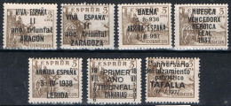 Lote 7 Sellos Patrioticos Guerra Civil, Sobre Valor 5 Cts Cid, Zaragoza, Baena, Huesca, Aragon, Lerida, Tafalla ** - Vignettes De La Guerre Civile