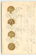 N°22291 - Carte Gaufrée - Pièces En Or Au Milieu De Trèfles Et De Muguet - Monedas (representaciones)