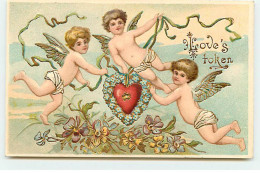N°20087 - Carte Gaufrée - Love's Token - Anges Autour D'un Coeur - Valentijnsdag