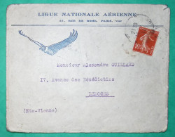 N°138 SEMEUSE BELLE ENVELOPPE PUB LIGUE NATIONALE AERIENNE AIGLE PARIS POUR LIMOGES HAUTE VIENNE 1911 COVER FRANCE - Otros & Sin Clasificación