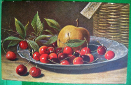 CPA NATURE MORTE AUX CERISES FRUITS POMME ASSIETTE EN ÉTAIN . STILL LIFE APPLE WITH CHERRIES Pewter PLATE OLD PC - Plantes Médicinales