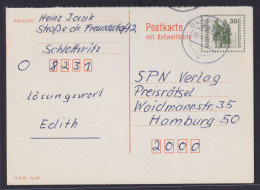 DDR Ganzsache P 108 F Antwort Goethe Schiller Denkmal Glashütte Nach Hamburg - Cartes Postales - Oblitérées