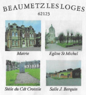 BAUMETZ LES LOGES PAS DE CALAIS - MAIRIE, EGLISE, SALLE BERQUIN, STELE CDT CROISILE, PAP ENTIER POSTAL FLAMME 2011 - Briefe U. Dokumente