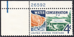 !a! USA Sc# 1150 MNH SINGLE From Upper Left Corner W/ Plate-# 26592 - Water Conservation - Unused Stamps