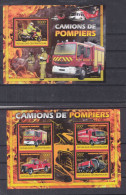 Camions De Pompiers - Motos - Hélicoptères - Centrafricaine - Yvert 2500 / 3 + BF 489 ** - Valeur 37 Euros - Camions