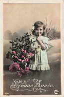 ENFANT - Bonne Année - Fillette Avec Un Bouquet De Fleurs - Doigt Sur La Bouche - Carte Postale Ancienne - Other & Unclassified