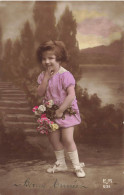 ENFANT - Bonne Année - Fillette Avec Des Fleurs - Robe Violette - Carte Postale Ancienne - Otros & Sin Clasificación