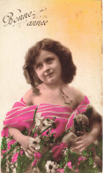 ENFANT - Bonne Année - Fillette Men Robe Rose - Fleurs - Carte Postale Ancienne - Autres & Non Classés