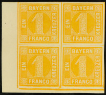 BAVARIA 1862 1k Yellow Imperf (Michel 8 I, SG 20), Very Fine Mint Lower Left Corner BLOCK Of 4 (two Stamps Are Never Hin - Other & Unclassified