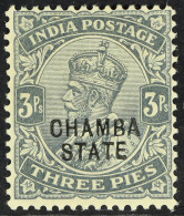 CHAMBA NEW DISCOVERY 1913-23 3p Grey OVERPRINT DOUBLE ONE ALBINO Variety, SG 43 Var, Fine Mint, Fresh. Unlisted By Stanl - Other & Unclassified